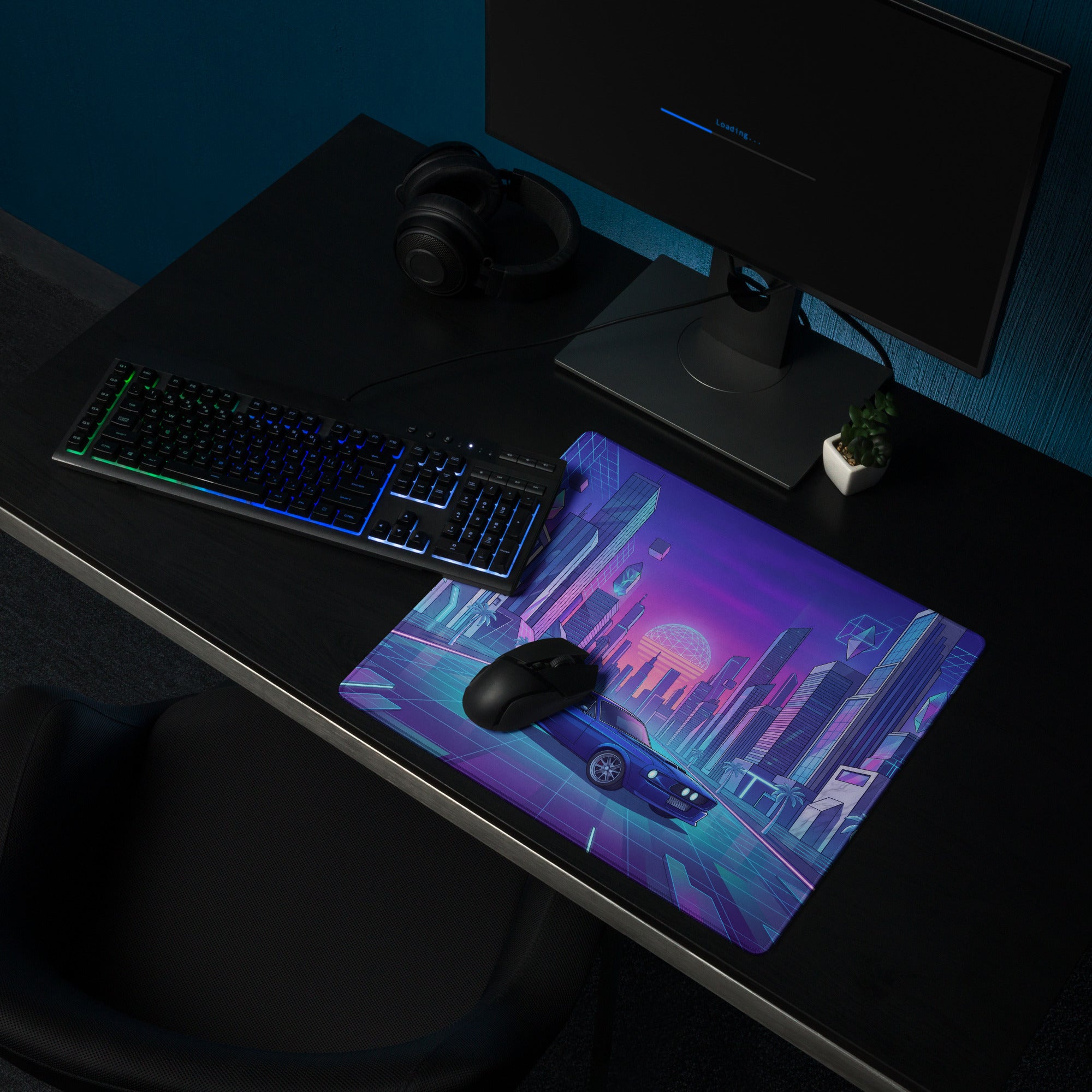 Ford Mustang Boss 302 Inspired Blue Purple Vaporwave Gaming Mouse Pad, Retro Muscle Car Desk Mat with Neon Futuristic City Artwork