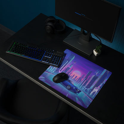 Ford Mustang Boss 302 Inspired Blue Purple Vaporwave Gaming Mouse Pad, Retro Muscle Car Desk Mat with Neon Futuristic City Artwork