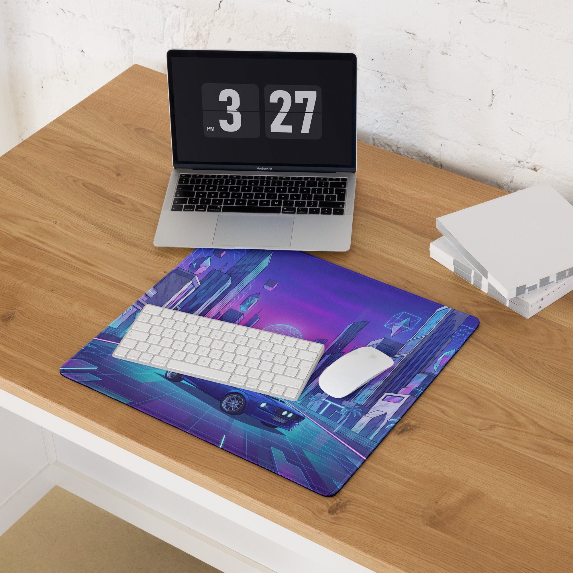Ford Mustang Boss 302 Inspired Blue Purple Vaporwave Gaming Mouse Pad, Retro Muscle Car Desk Mat with Neon Futuristic City Artwork