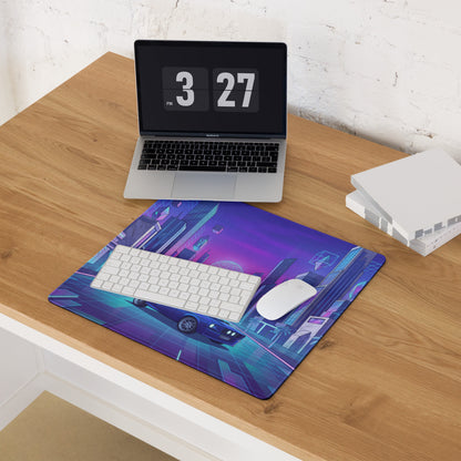 Ford Mustang Boss 302 Inspired Blue Purple Vaporwave Gaming Mouse Pad, Retro Muscle Car Desk Mat with Neon Futuristic City Artwork