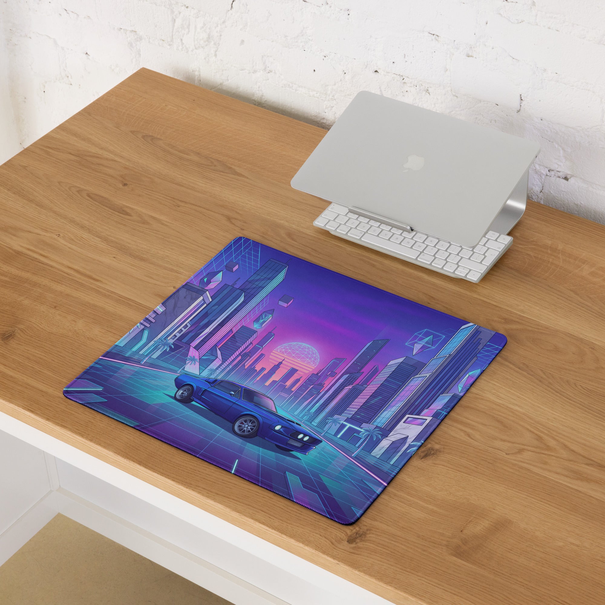 Ford Mustang Boss 302 Inspired Blue Purple Vaporwave Gaming Mouse Pad, Retro Muscle Car Desk Mat with Neon Futuristic City Artwork