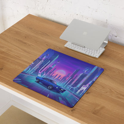 Ford Mustang Boss 302 Inspired Blue Purple Vaporwave Gaming Mouse Pad, Retro Muscle Car Desk Mat with Neon Futuristic City Artwork