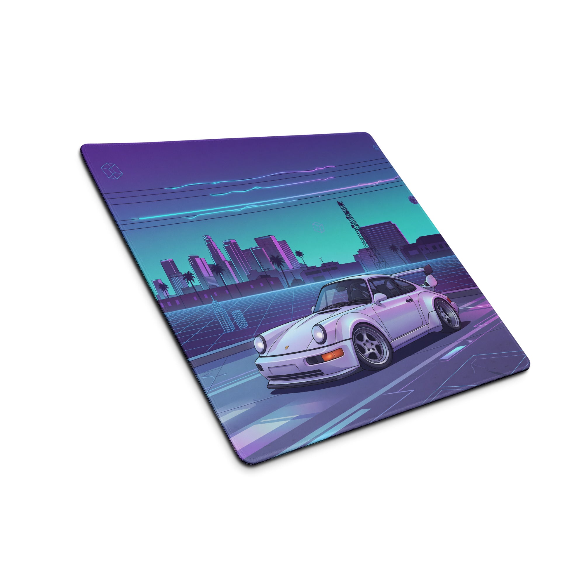 Porsche 911 Turbo 964 Inspired White Purple Vaporwave Gaming Mouse Pad, Retro Supercar Desk Mat with Neon Futuristic City Artwork