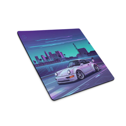 Porsche 911 Turbo 964 Inspired White Purple Vaporwave Gaming Mouse Pad, Retro Supercar Desk Mat with Neon Futuristic City Artwork