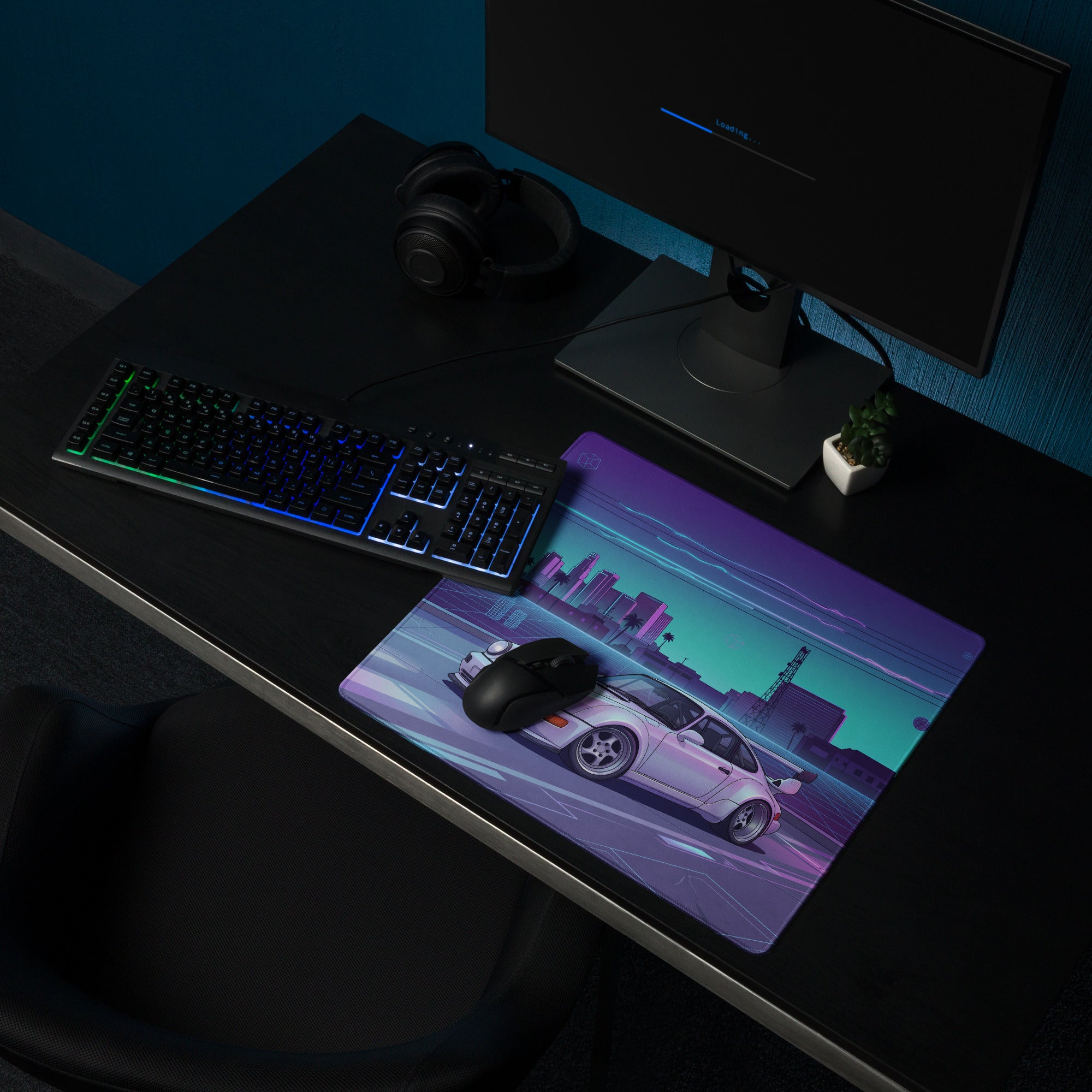 Porsche 911 Turbo 964 Inspired White Purple Vaporwave Gaming Mouse Pad, Retro Supercar Desk Mat with Neon Futuristic City Artwork