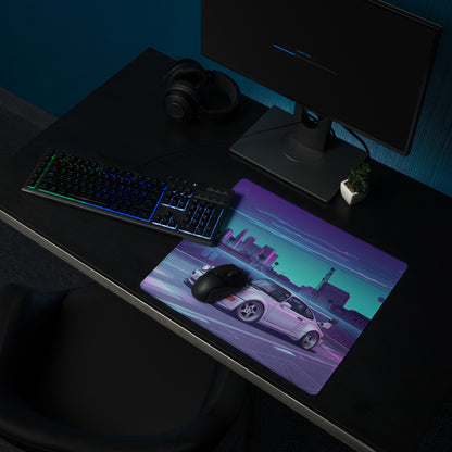 Porsche 911 Turbo 964 Inspired White Purple Vaporwave Gaming Mouse Pad, Retro Supercar Desk Mat with Neon Futuristic City Artwork
