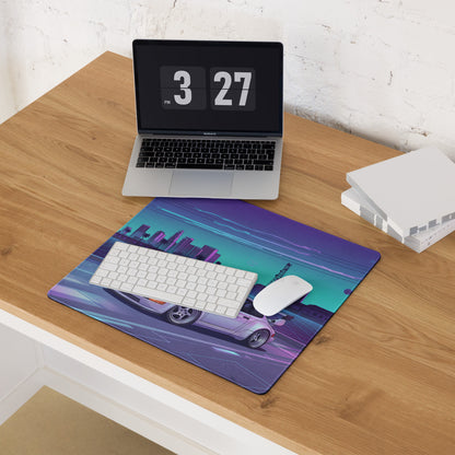 Porsche 911 Turbo 964 Inspired White Purple Vaporwave Gaming Mouse Pad, Retro Supercar Desk Mat with Neon Futuristic City Artwork