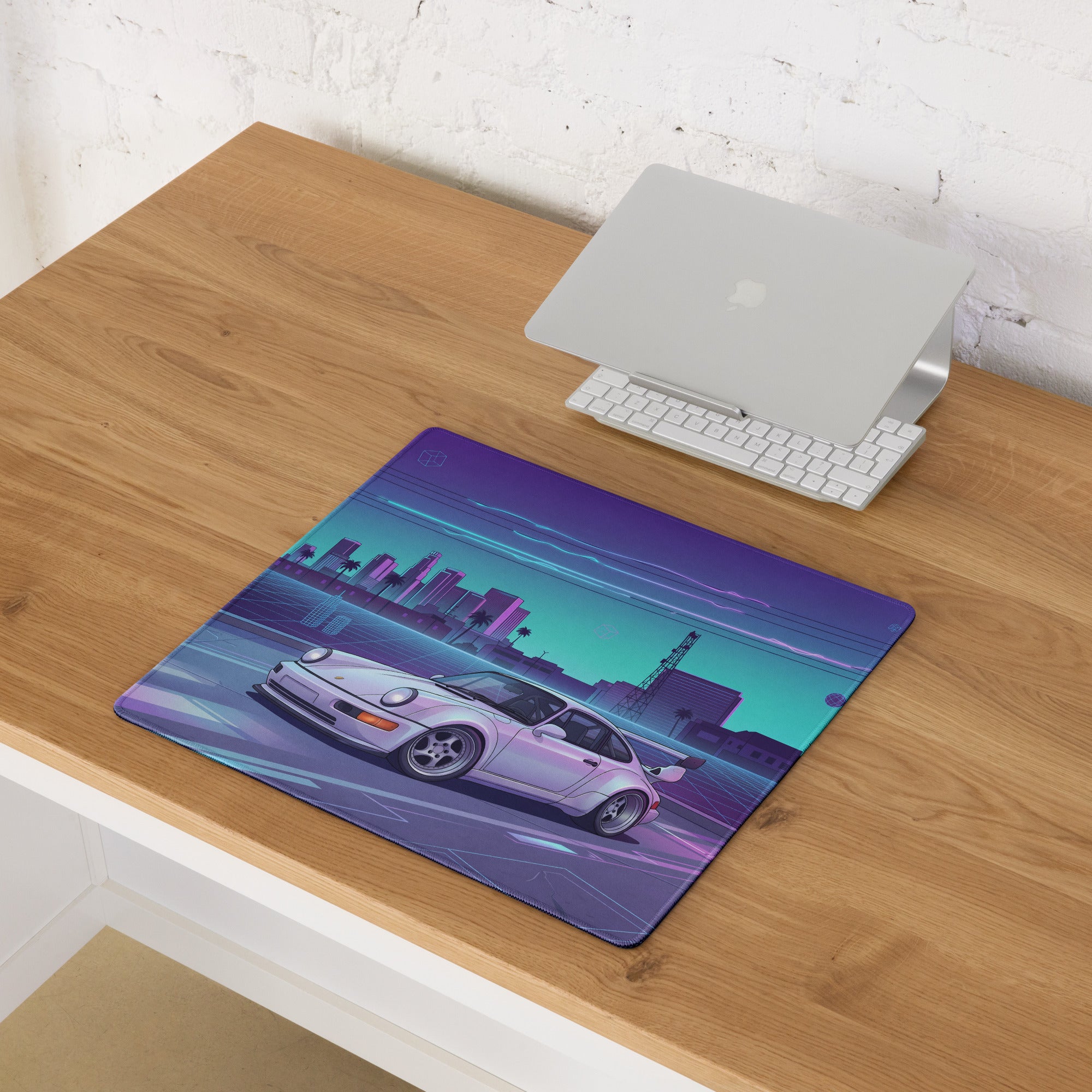 Porsche 911 Turbo 964 Inspired White Purple Vaporwave Gaming Mouse Pad, Retro Supercar Desk Mat with Neon Futuristic City Artwork