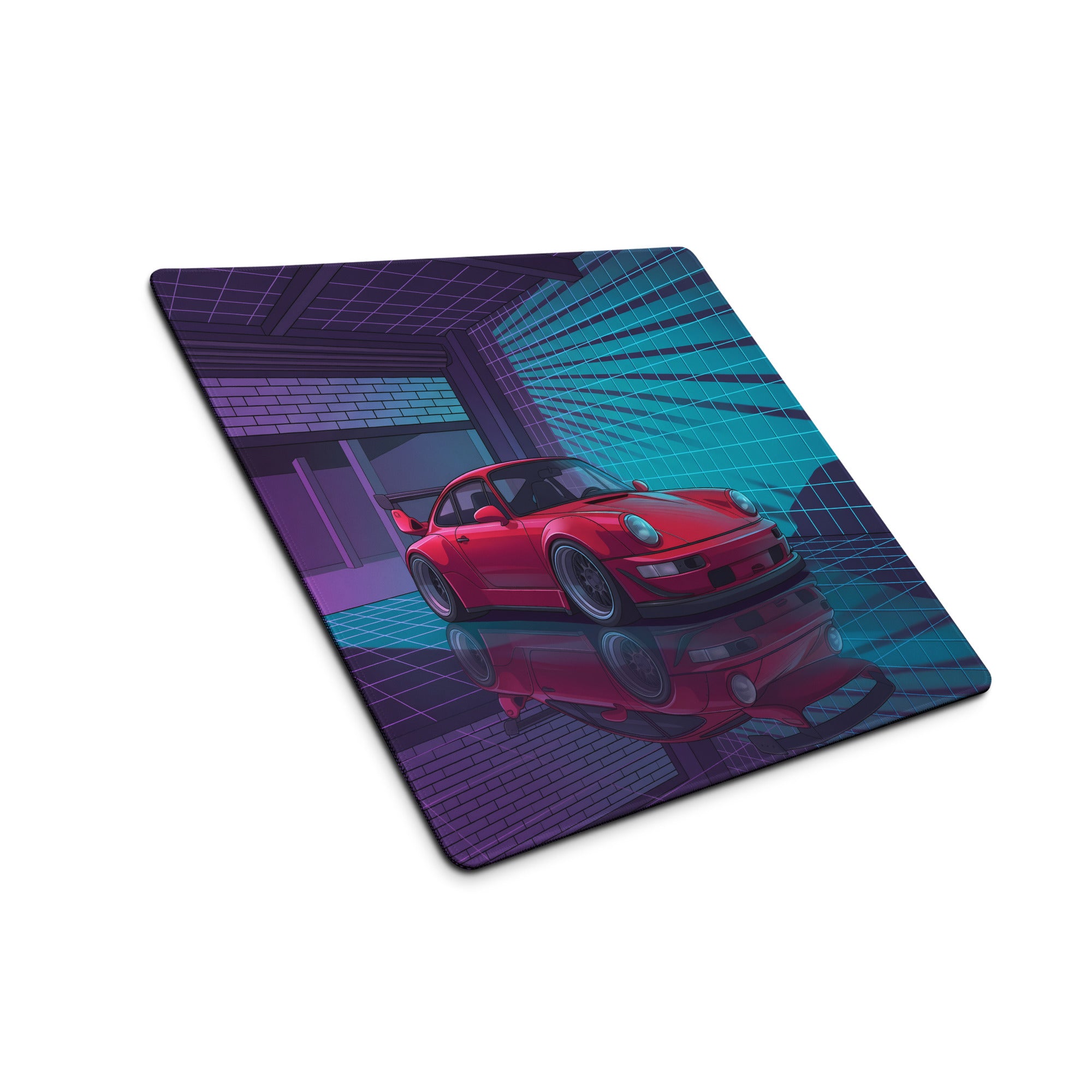 Porsche 911 Turbo 964 Inspired Red Blue Vaporwave Gaming Mouse Pad, Neon Classic Supercar Desk Mat with Retro Futuristic Grid Garage Artwork