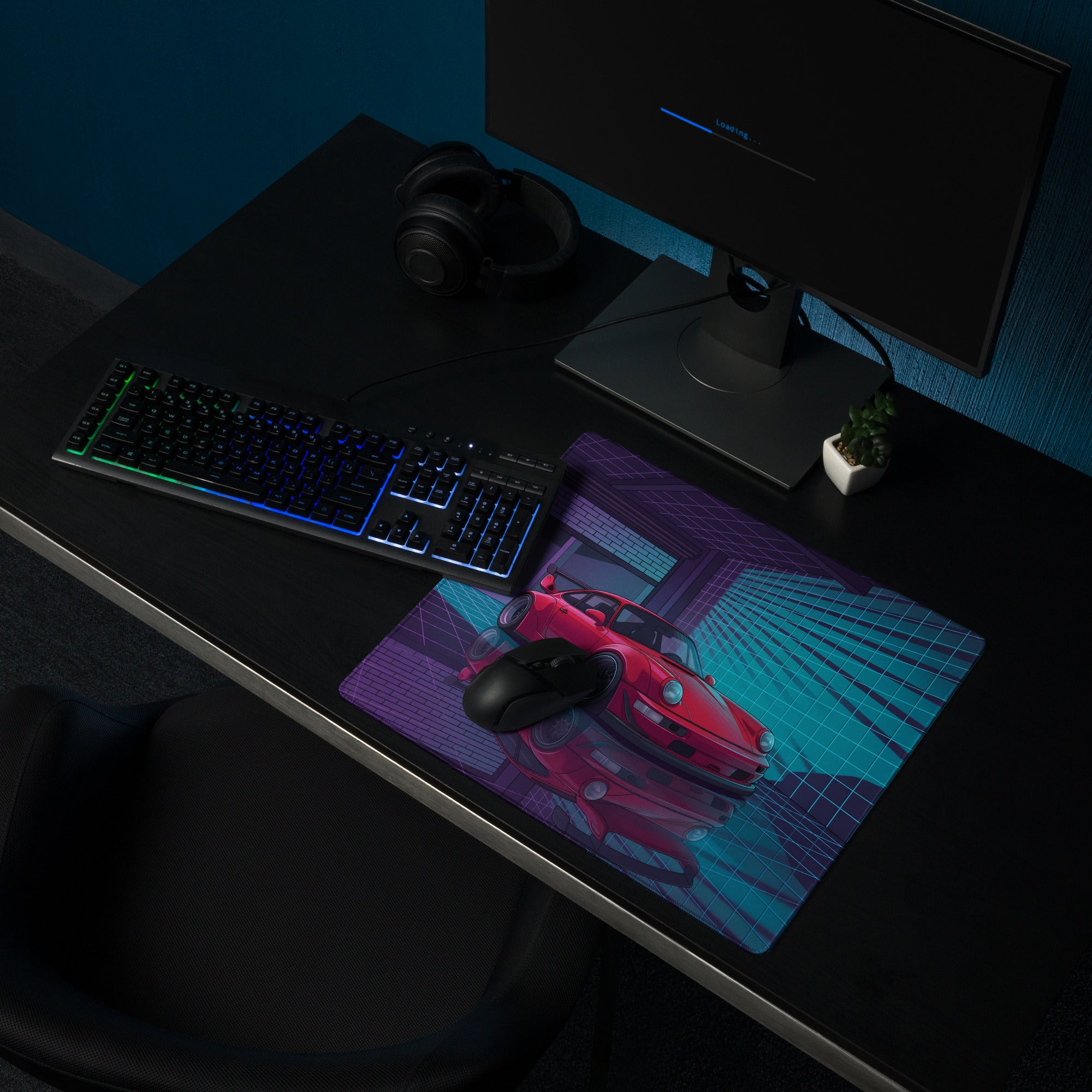Porsche 911 Turbo 964 Inspired Red Blue Vaporwave Gaming Mouse Pad, Neon Classic Supercar Desk Mat with Retro Futuristic Grid Garage Artwork