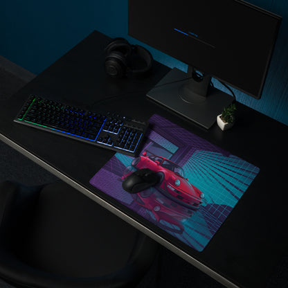 Porsche 911 Turbo 964 Inspired Red Blue Vaporwave Gaming Mouse Pad, Neon Classic Supercar Desk Mat with Retro Futuristic Grid Garage Artwork