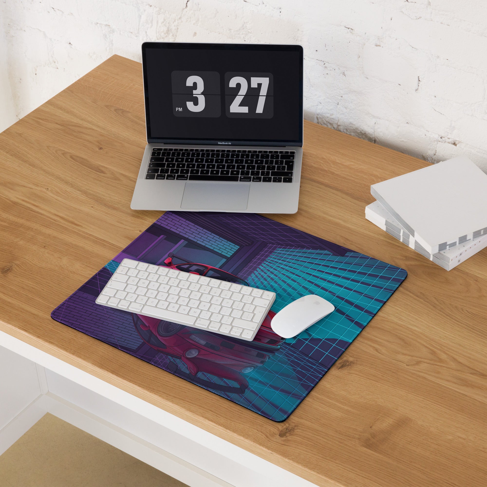 Porsche 911 Turbo 964 Inspired Red Blue Vaporwave Gaming Mouse Pad, Neon Classic Supercar Desk Mat with Retro Futuristic Grid Garage Artwork