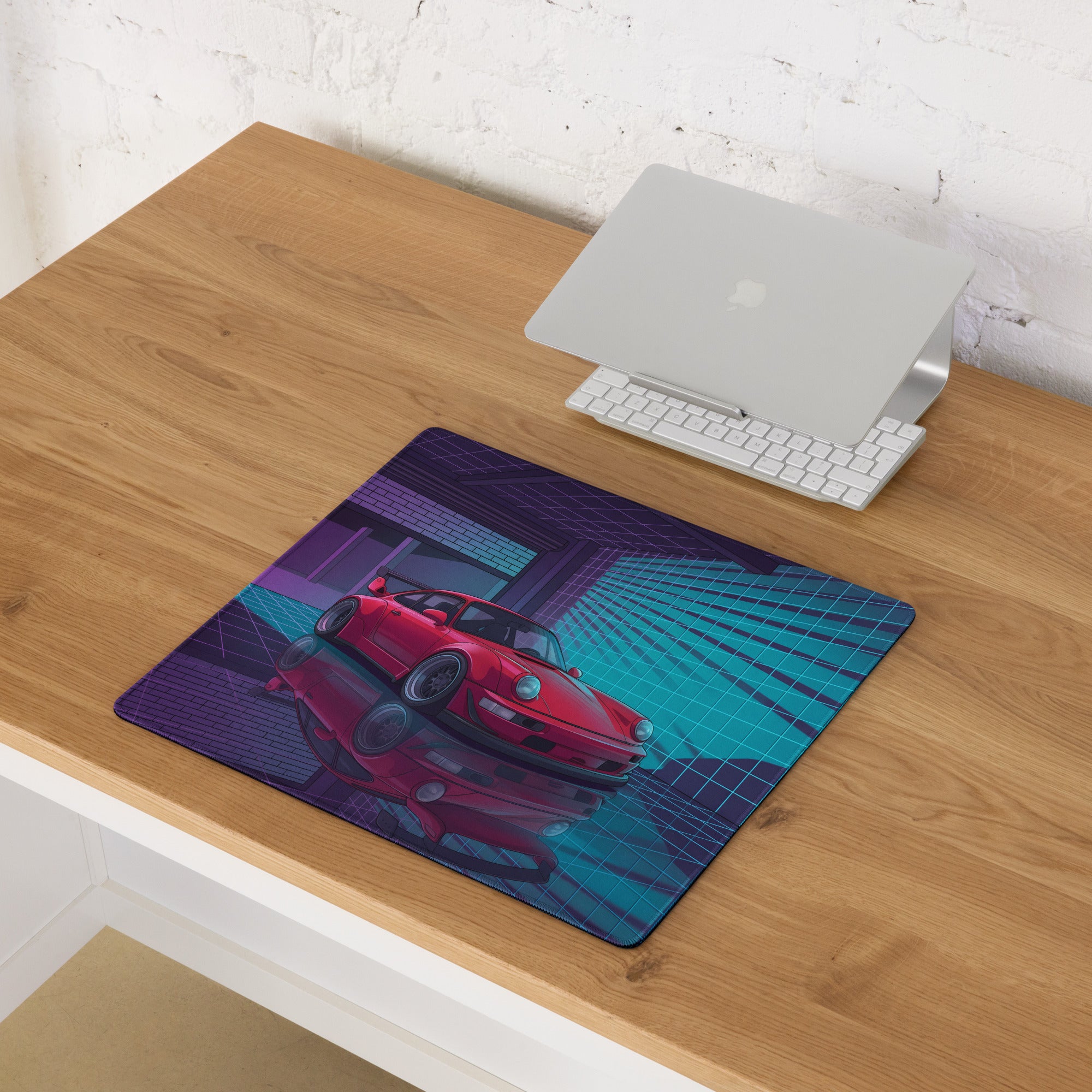 Porsche 911 Turbo 964 Inspired Red Blue Vaporwave Gaming Mouse Pad, Neon Classic Supercar Desk Mat with Retro Futuristic Grid Garage Artwork