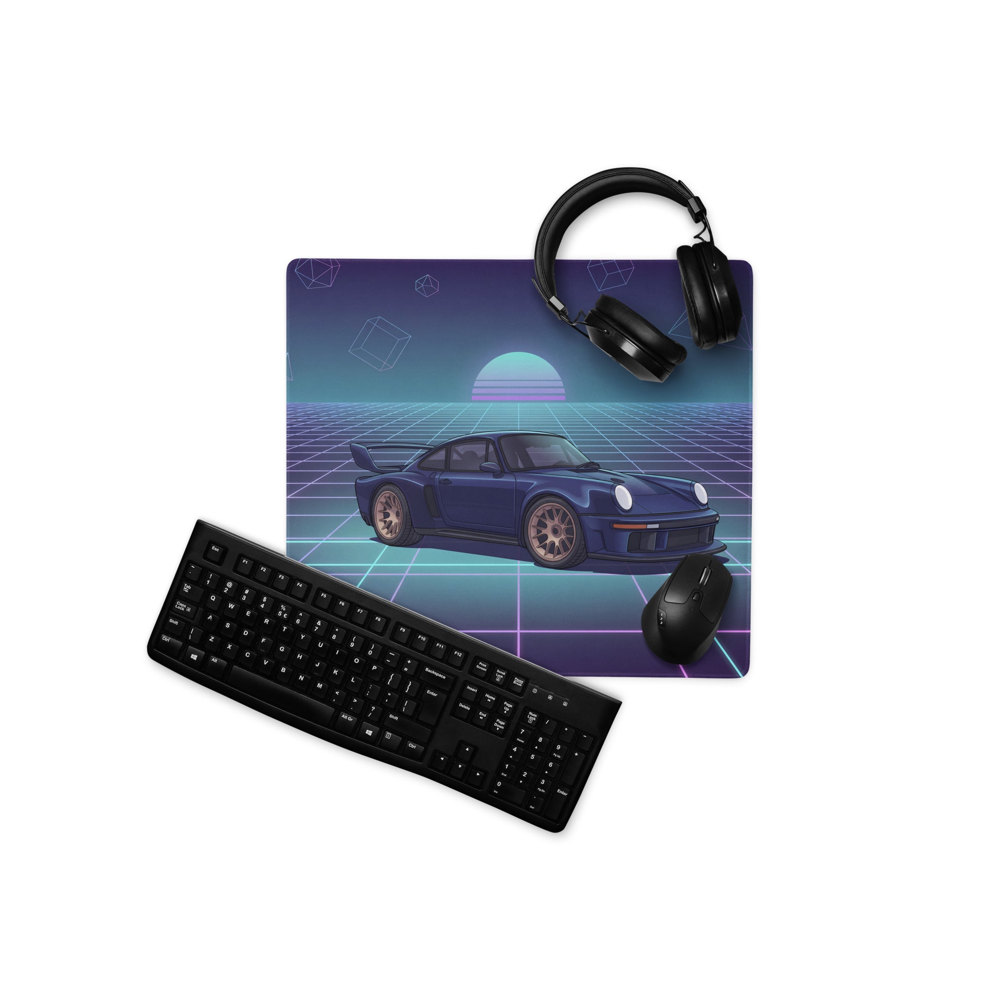 Porsche 911 GT2 993 Inspired Blue Purple Vaporwave Gaming Mouse Pad, Widebody Supercar Desk Mat with Neon Retro Futuristic Grid Artwork