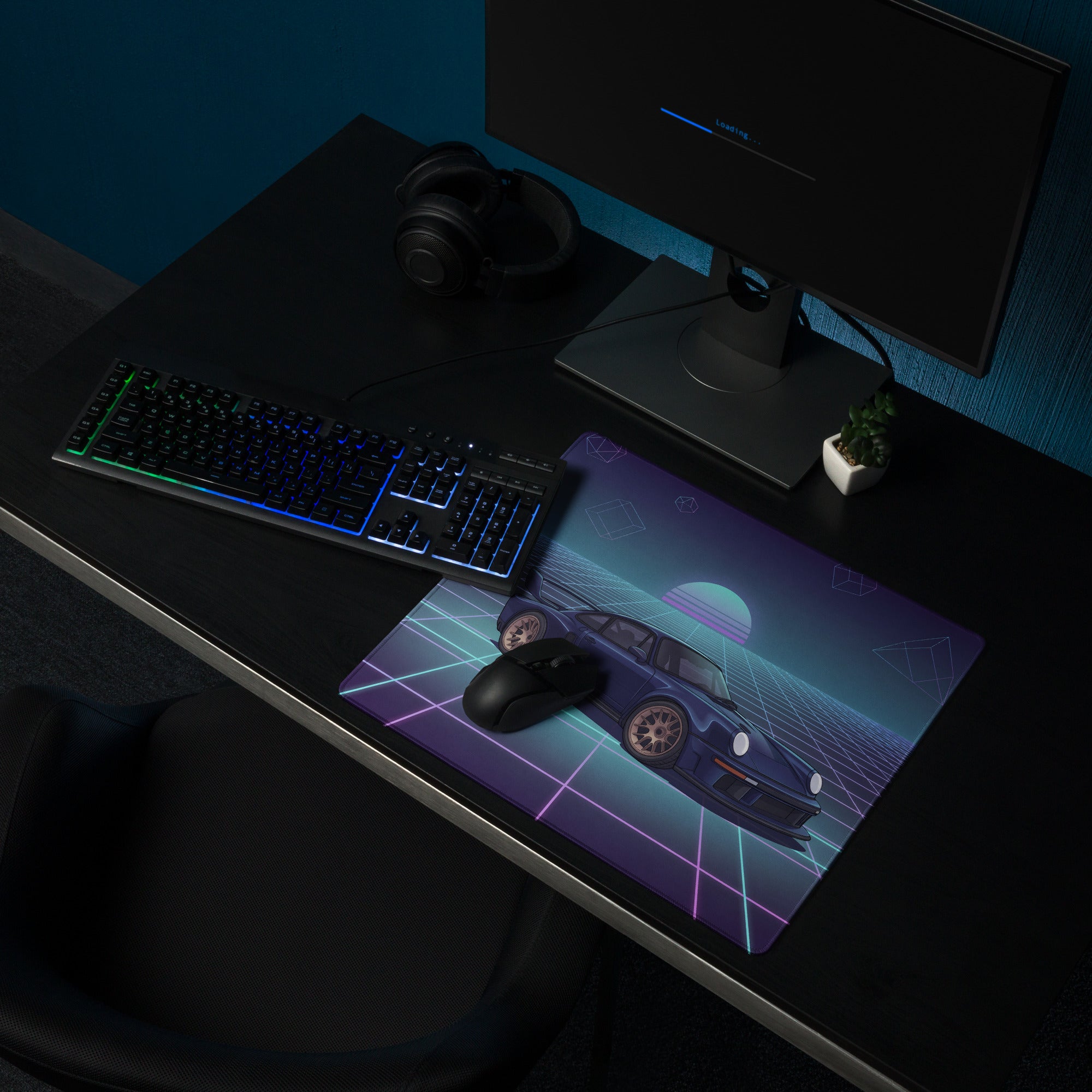 Porsche 911 GT2 993 Inspired Blue Purple Vaporwave Gaming Mouse Pad, Widebody Supercar Desk Mat with Neon Retro Futuristic Grid Artwork