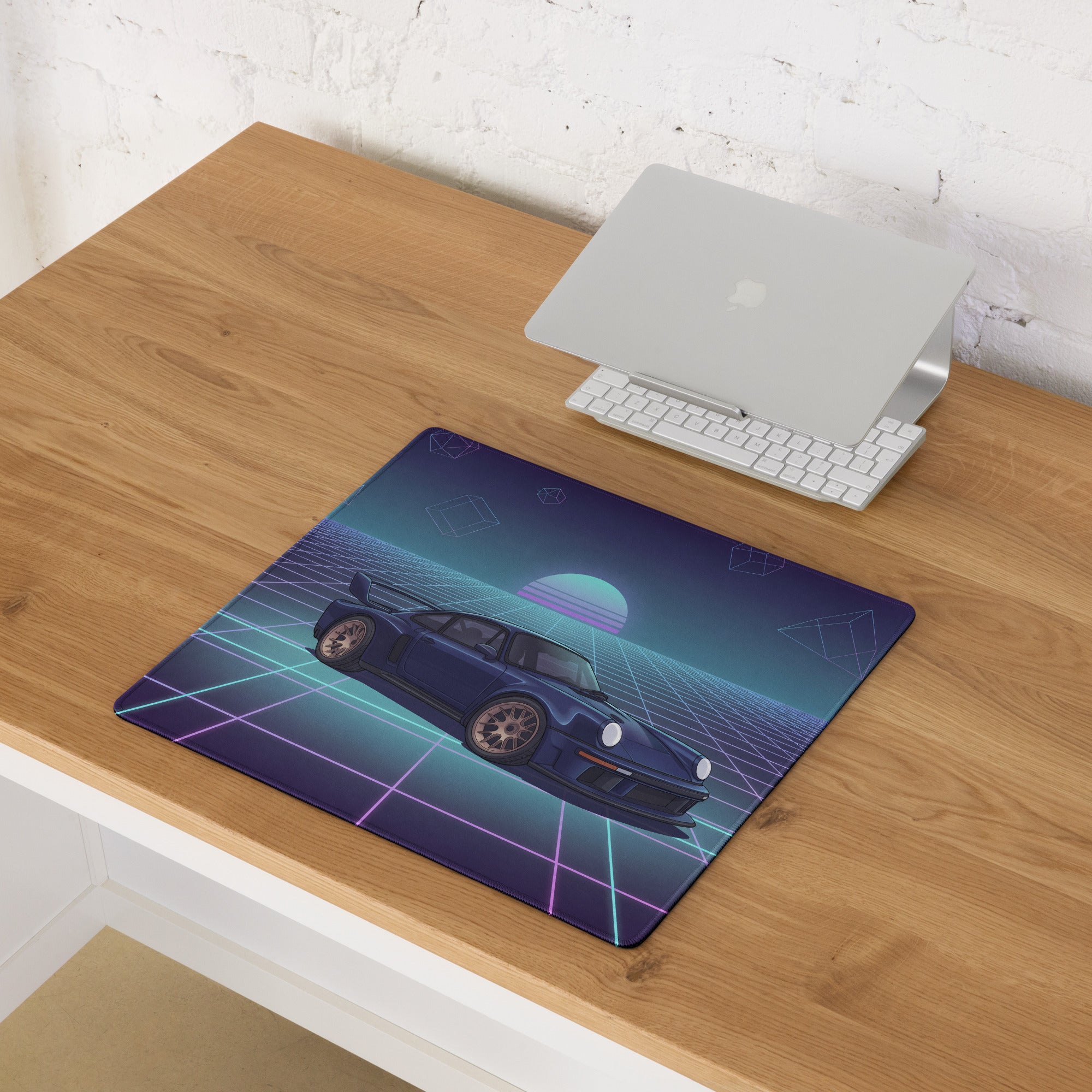 Porsche 911 GT2 993 Inspired Blue Purple Vaporwave Gaming Mouse Pad, Widebody Supercar Desk Mat with Neon Retro Futuristic Grid Artwork