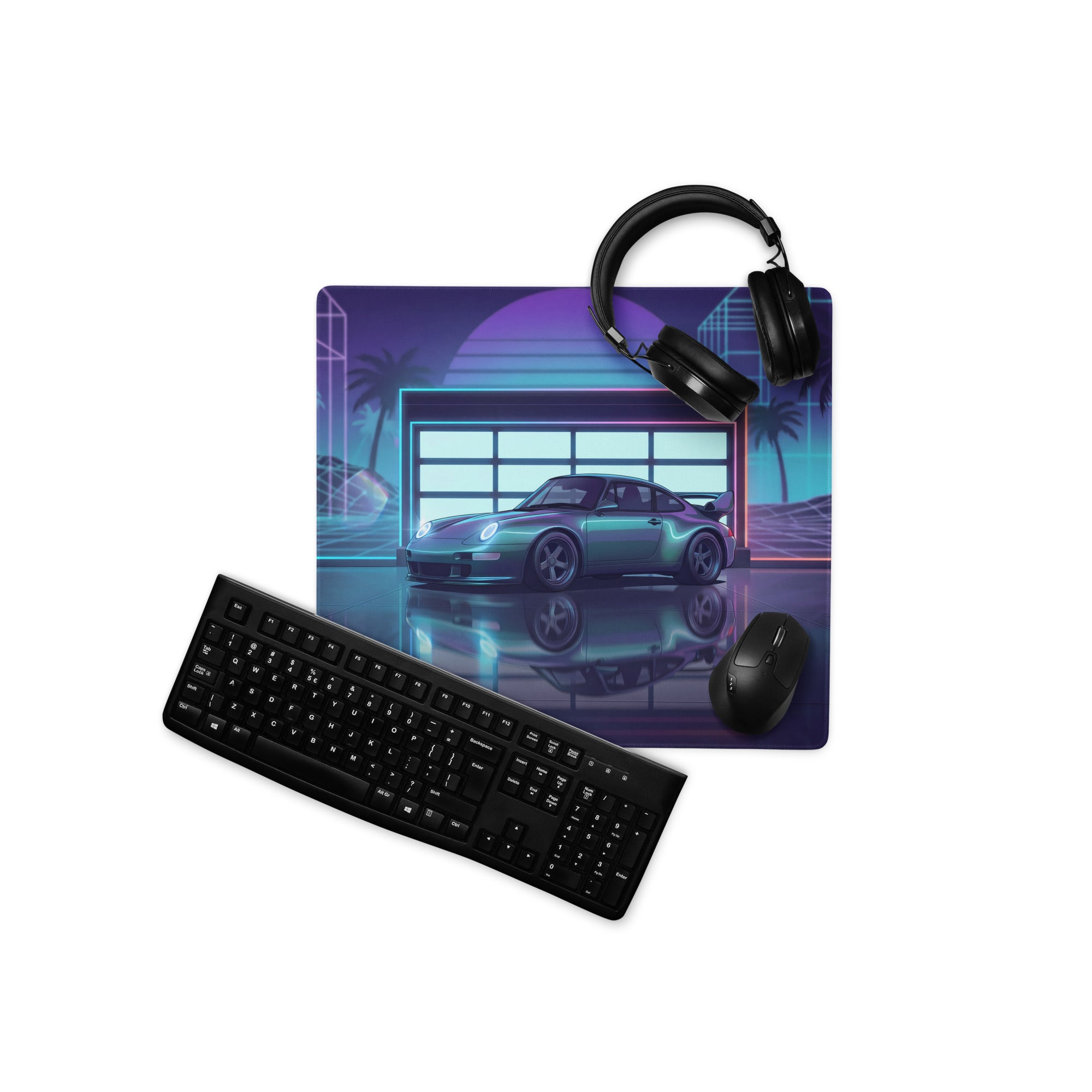 Porsche 911 GT2 993 Inspired Teal Purple Vaporwave Gaming Mouse Pad, Neon Widebody Supercar Desk Mat with Retro Futuristic Garage Artwork