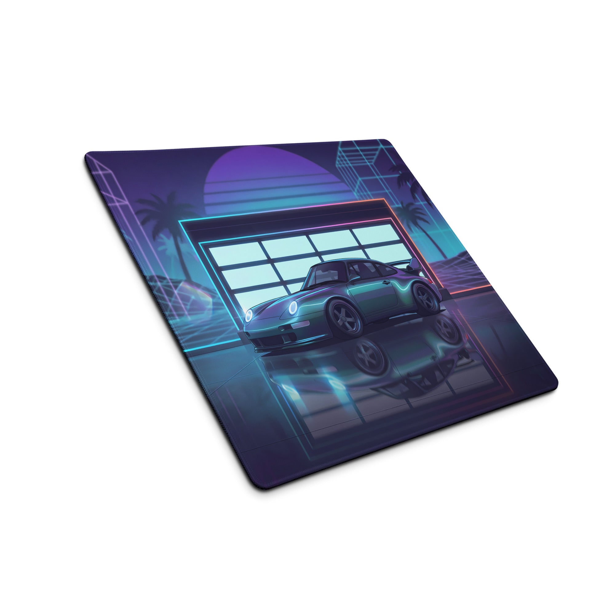 Porsche 911 GT2 993 Inspired Teal Purple Vaporwave Gaming Mouse Pad, Neon Widebody Supercar Desk Mat with Retro Futuristic Garage Artwork
