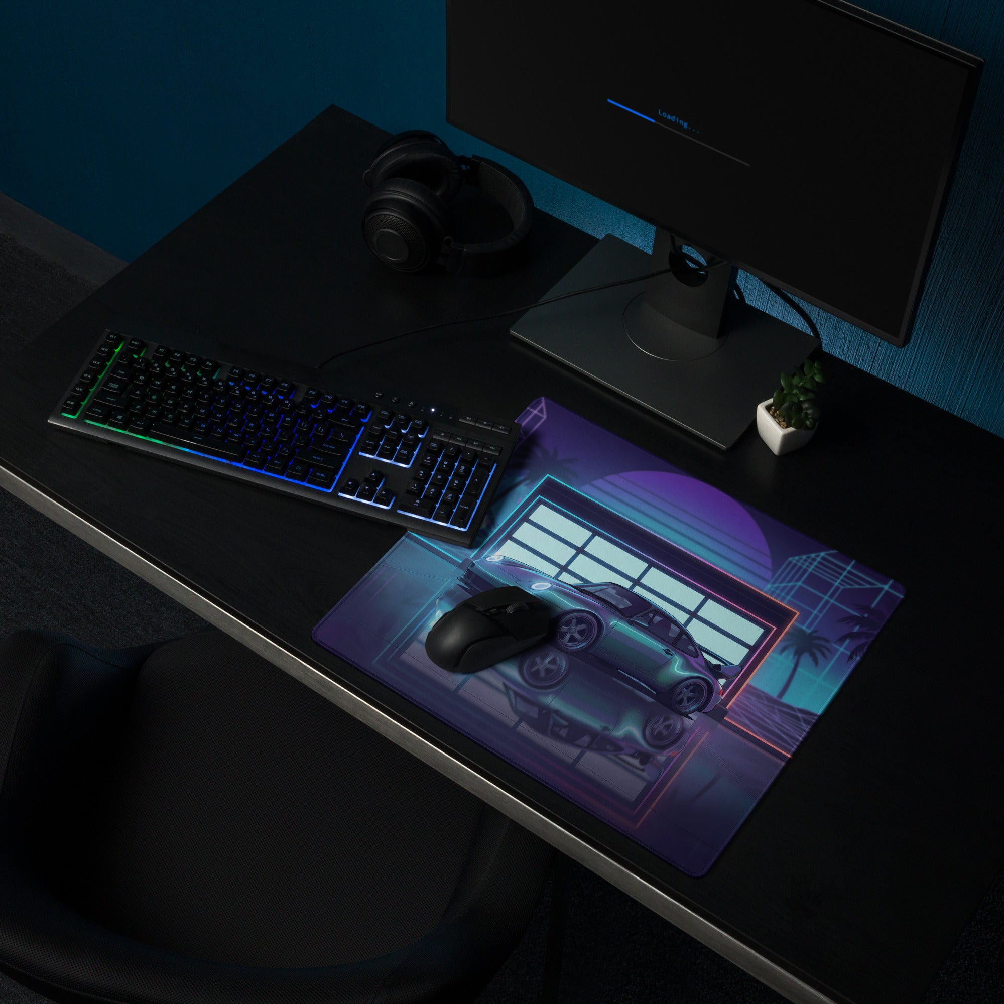 Porsche 911 GT2 993 Inspired Teal Purple Vaporwave Gaming Mouse Pad, Neon Widebody Supercar Desk Mat with Retro Futuristic Garage Artwork