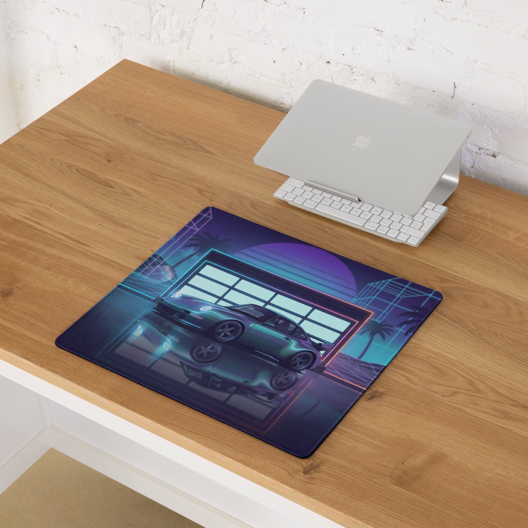 Porsche 911 GT2 993 Inspired Teal Purple Vaporwave Gaming Mouse Pad, Neon Widebody Supercar Desk Mat with Retro Futuristic Garage Artwork
