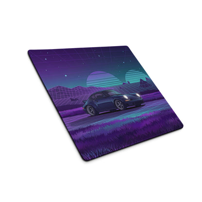 Porsche 911 Carrera 3.2 Inspired Blue Purple Vaporwave Gaming Mouse Pad, Retro Sports Car Desk Mat with Neon Grid Mountain Artwork
