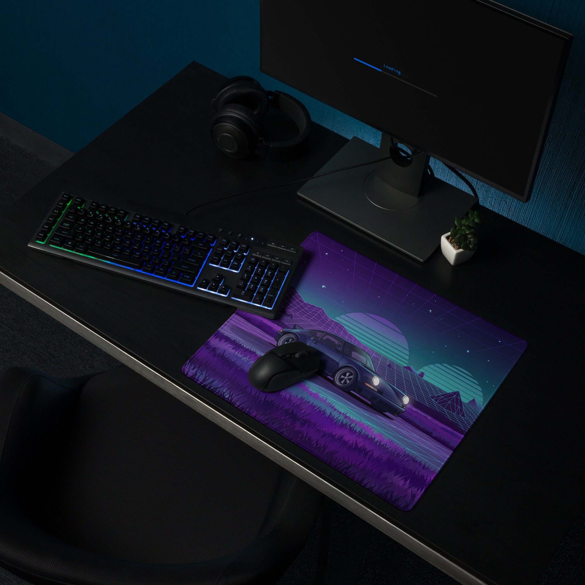 Porsche 911 Carrera 3.2 Inspired Blue Purple Vaporwave Gaming Mouse Pad, Retro Sports Car Desk Mat with Neon Grid Mountain Artwork