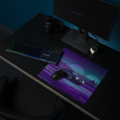 Porsche 911 Carrera 3.2 Inspired Blue Purple Vaporwave Gaming Mouse Pad, Retro Sports Car Desk Mat with Neon Grid Mountain Artwork