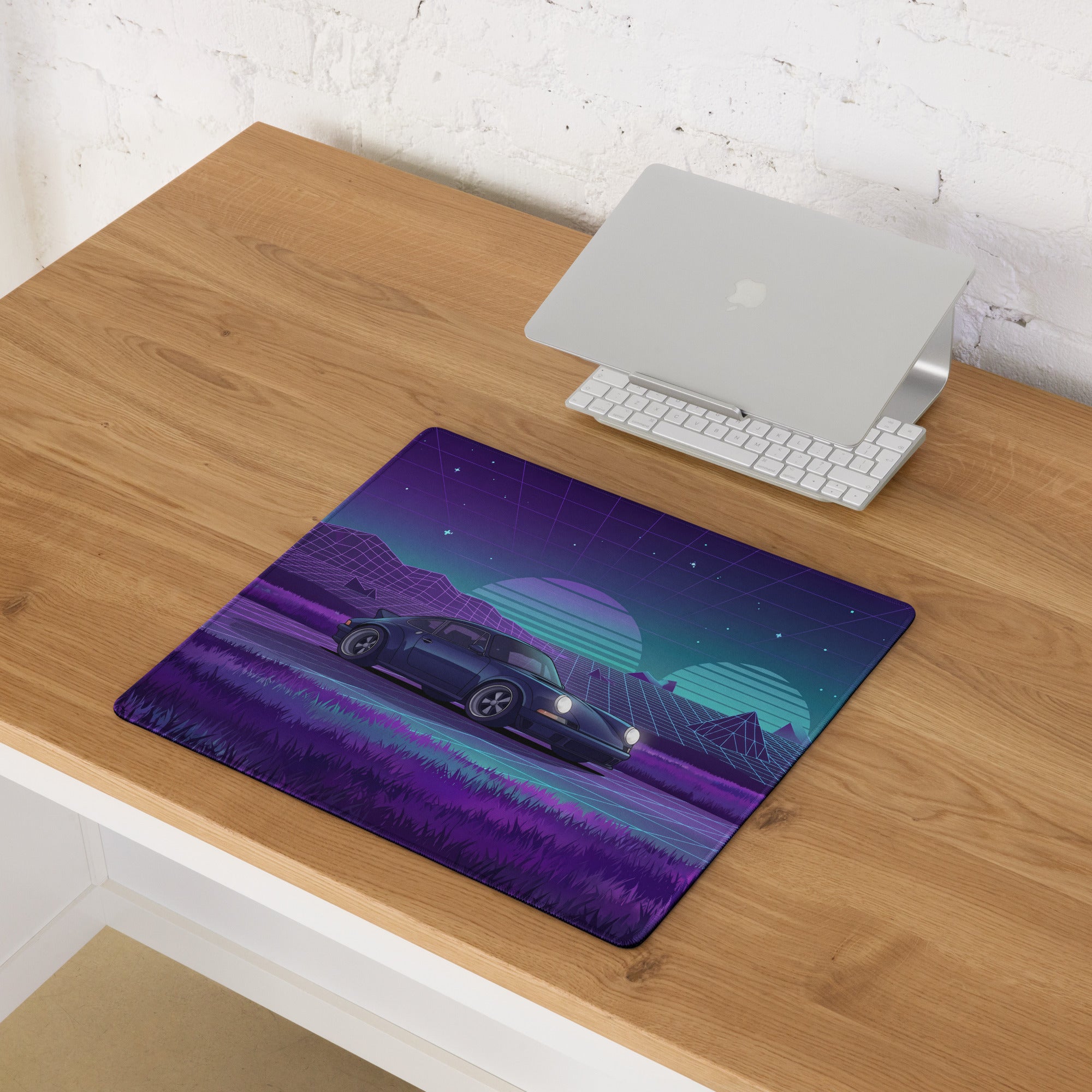 Porsche 911 Carrera 3.2 Inspired Blue Purple Vaporwave Gaming Mouse Pad, Retro Sports Car Desk Mat with Neon Grid Mountain Artwork