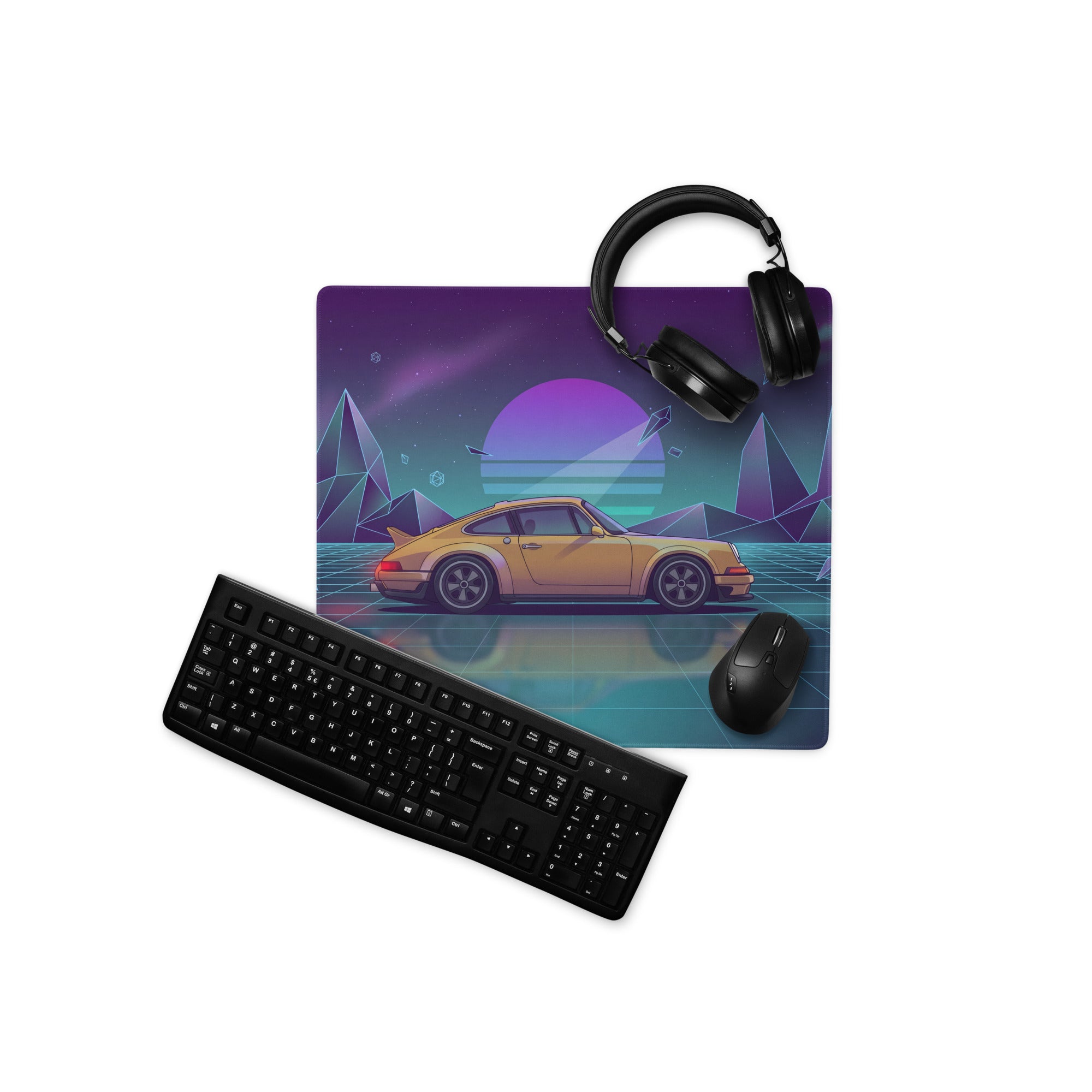 Porsche 911 Turbo Inspired Gold Purple Vaporwave Gaming Mouse Pad, Retro Sports Car Desk Mat with Neon Grid Mountain Artwork