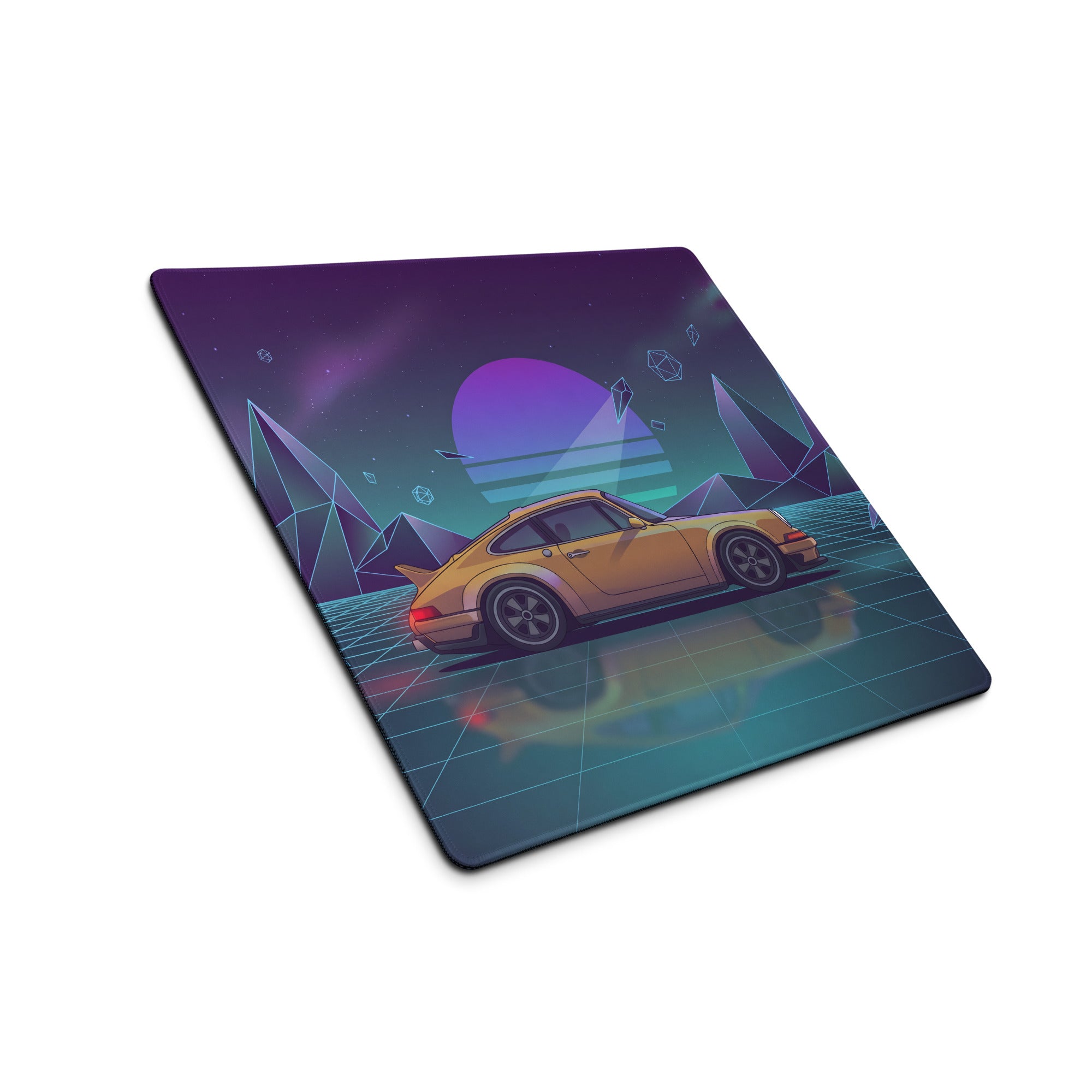 Porsche 911 Turbo Inspired Gold Purple Vaporwave Gaming Mouse Pad, Retro Sports Car Desk Mat with Neon Grid Mountain Artwork