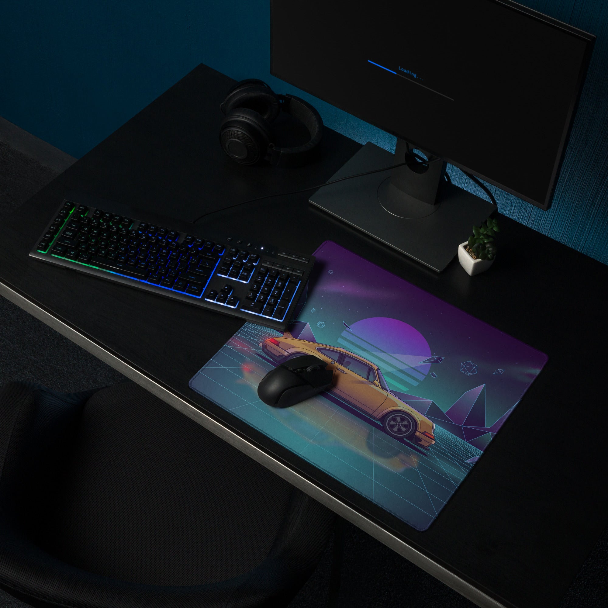 Porsche 911 Turbo Inspired Gold Purple Vaporwave Gaming Mouse Pad, Retro Sports Car Desk Mat with Neon Grid Mountain Artwork