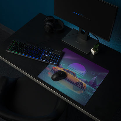 Porsche 911 Turbo Inspired Gold Purple Vaporwave Gaming Mouse Pad, Retro Sports Car Desk Mat with Neon Grid Mountain Artwork