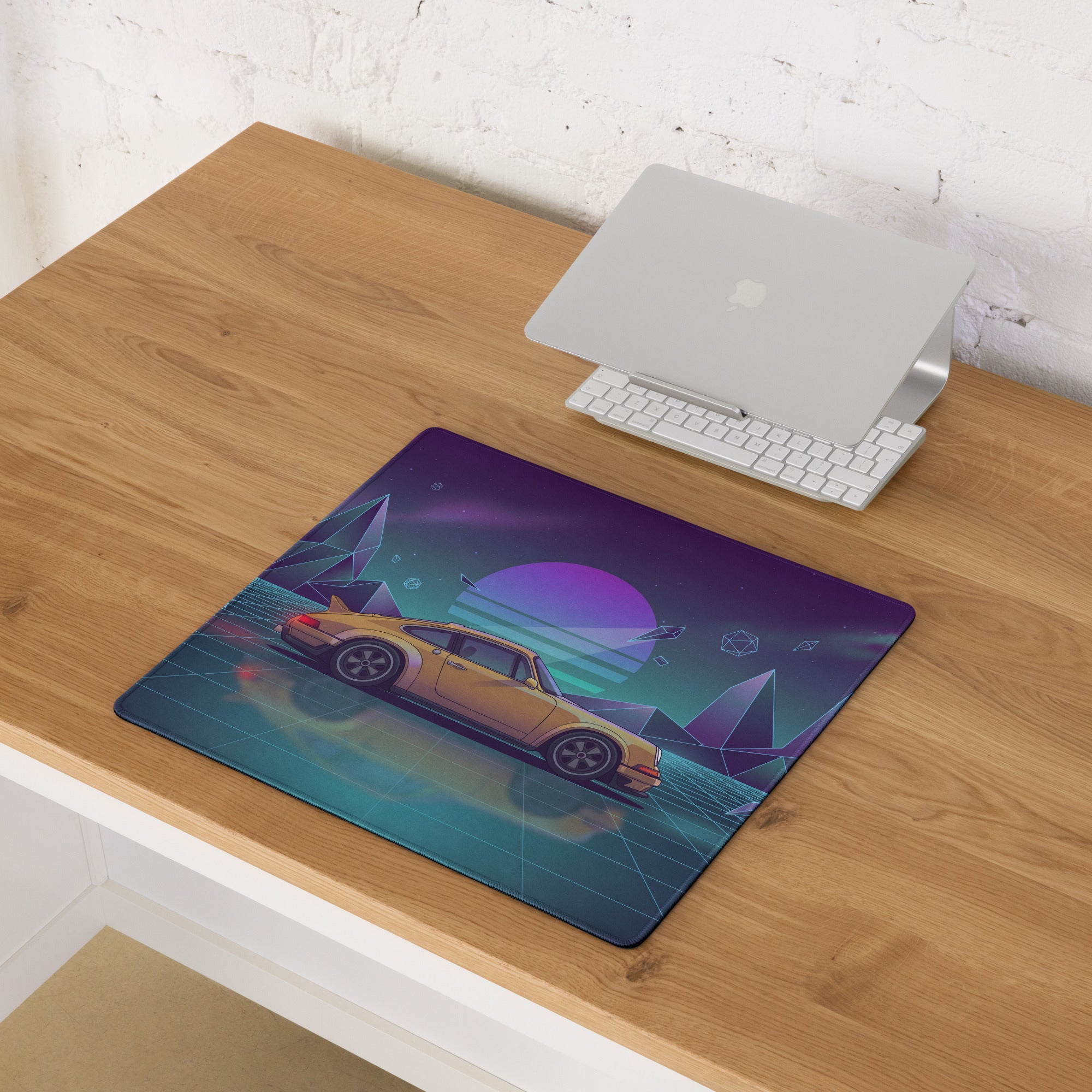 Porsche 911 Turbo Inspired Gold Purple Vaporwave Gaming Mouse Pad, Retro Sports Car Desk Mat with Neon Grid Mountain Artwork