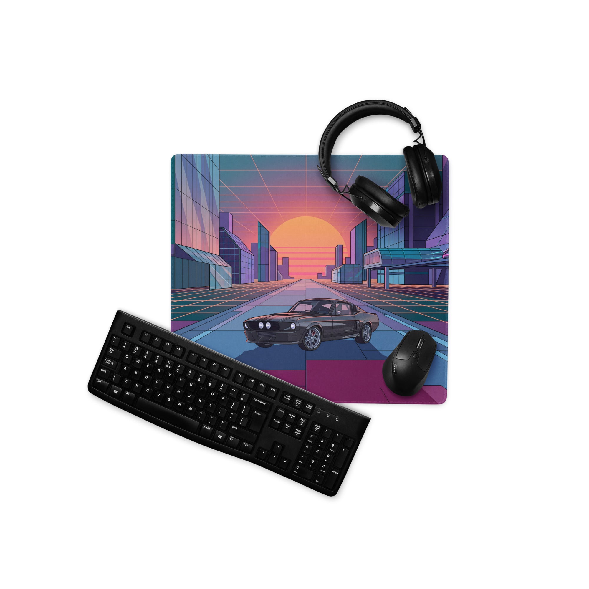 Dodge Charger R/T Inspired Black Orange Vaporwave Gaming Mouse Pad, Retro Muscle Car Desk Mat with Neon Futuristic City Sunset Artwork