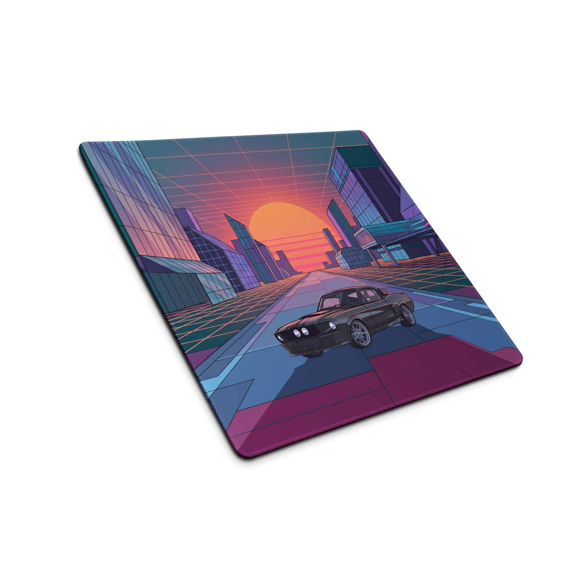 Dodge Charger R/T Inspired Black Orange Vaporwave Gaming Mouse Pad, Retro Muscle Car Desk Mat with Neon Futuristic City Sunset Artwork