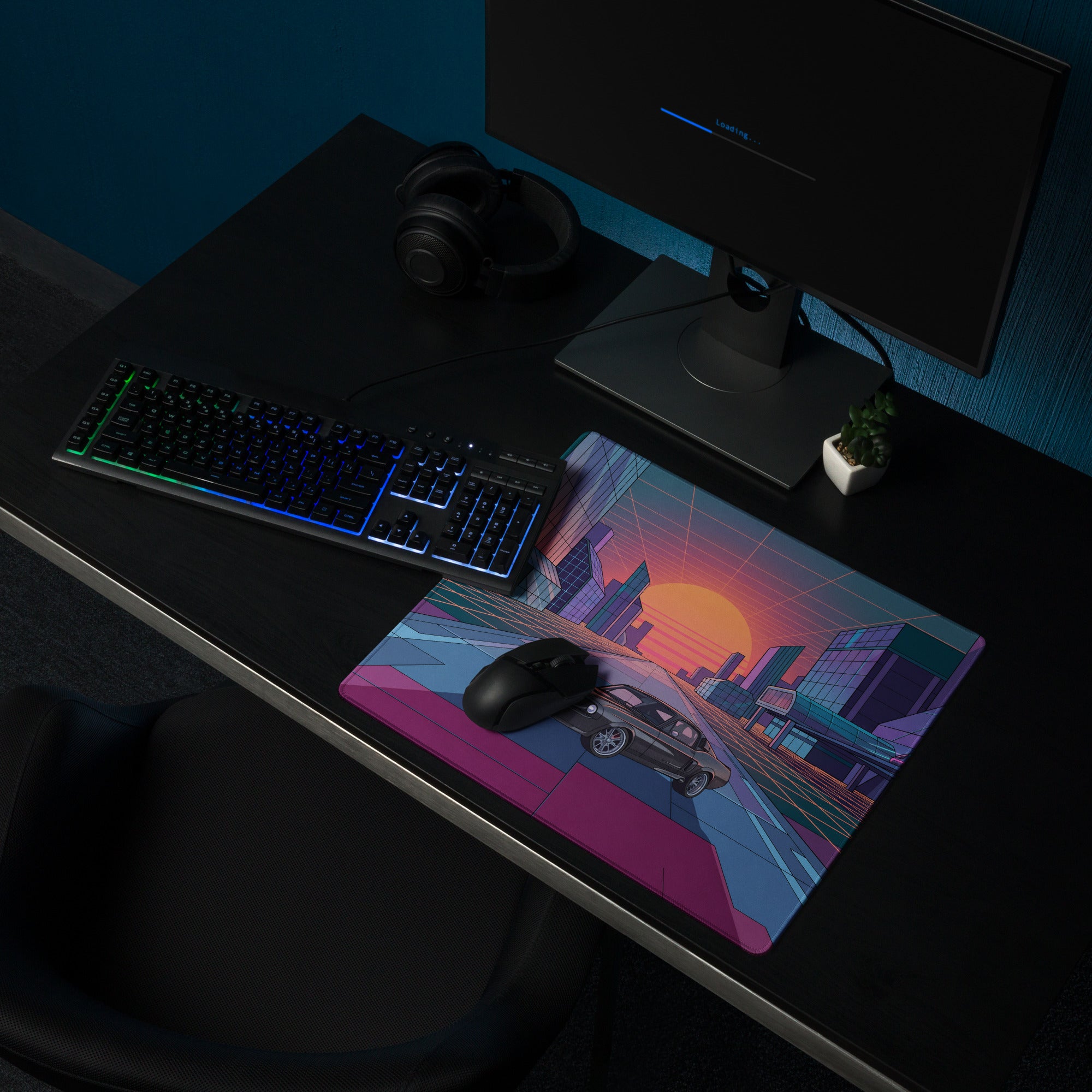Dodge Charger R/T Inspired Black Orange Vaporwave Gaming Mouse Pad, Retro Muscle Car Desk Mat with Neon Futuristic City Sunset Artwork