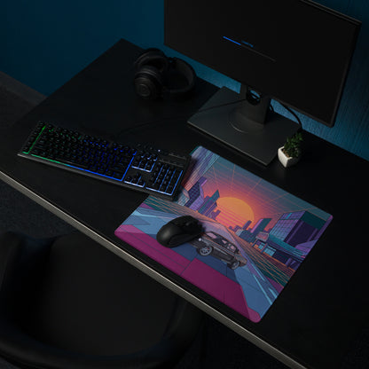 Dodge Charger R/T Inspired Black Orange Vaporwave Gaming Mouse Pad, Retro Muscle Car Desk Mat with Neon Futuristic City Sunset Artwork