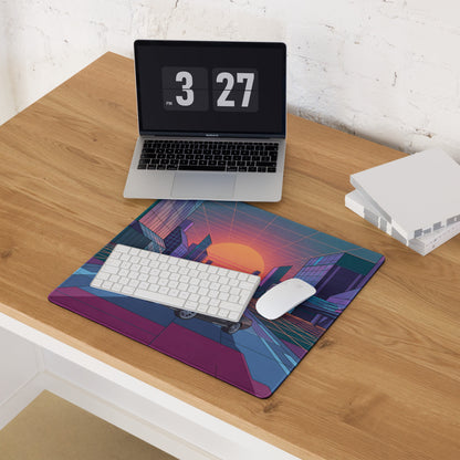 Dodge Charger R/T Inspired Black Orange Vaporwave Gaming Mouse Pad, Retro Muscle Car Desk Mat with Neon Futuristic City Sunset Artwork