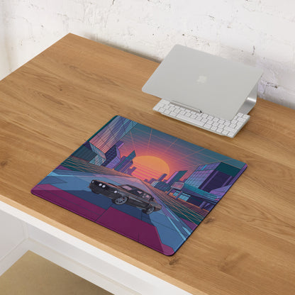 Dodge Charger R/T Inspired Black Orange Vaporwave Gaming Mouse Pad, Retro Muscle Car Desk Mat with Neon Futuristic City Sunset Artwork