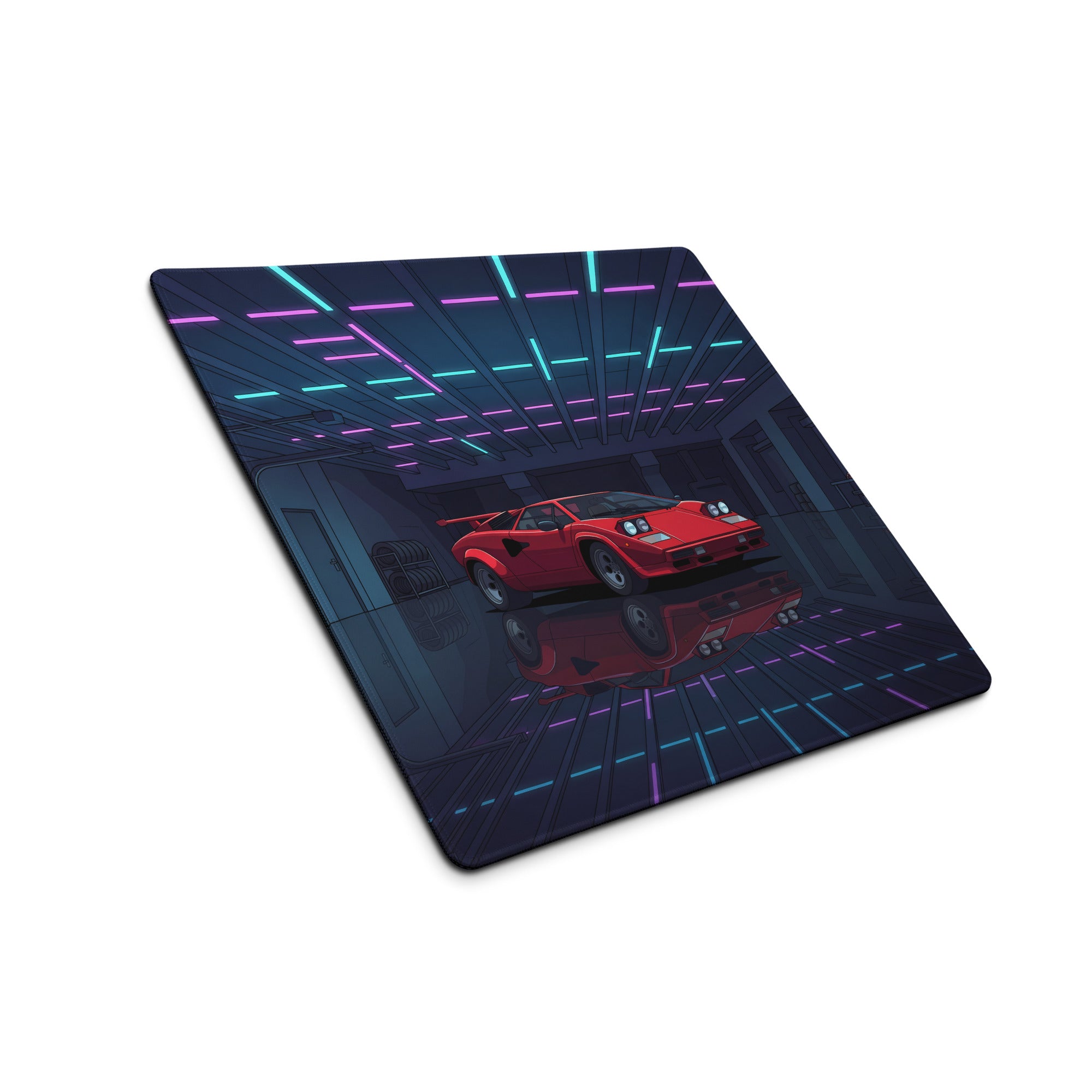 Lamborghini Countach Inspired Red Blue Vaporwave Gaming Mouse Pad, Retro Supercar Desk Mat with Neon Cyberpunk Garage Artwork