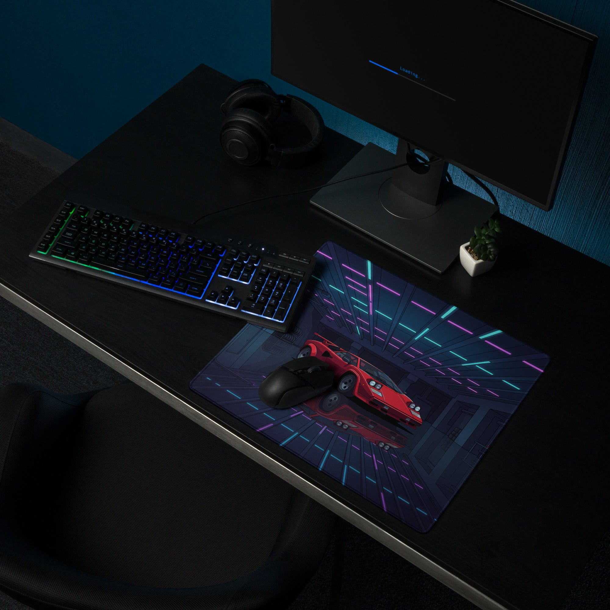 Lamborghini Countach Inspired Red Blue Vaporwave Gaming Mouse Pad, Retro Supercar Desk Mat with Neon Cyberpunk Garage Artwork