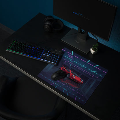 Lamborghini Countach Inspired Red Blue Vaporwave Gaming Mouse Pad, Retro Supercar Desk Mat with Neon Cyberpunk Garage Artwork