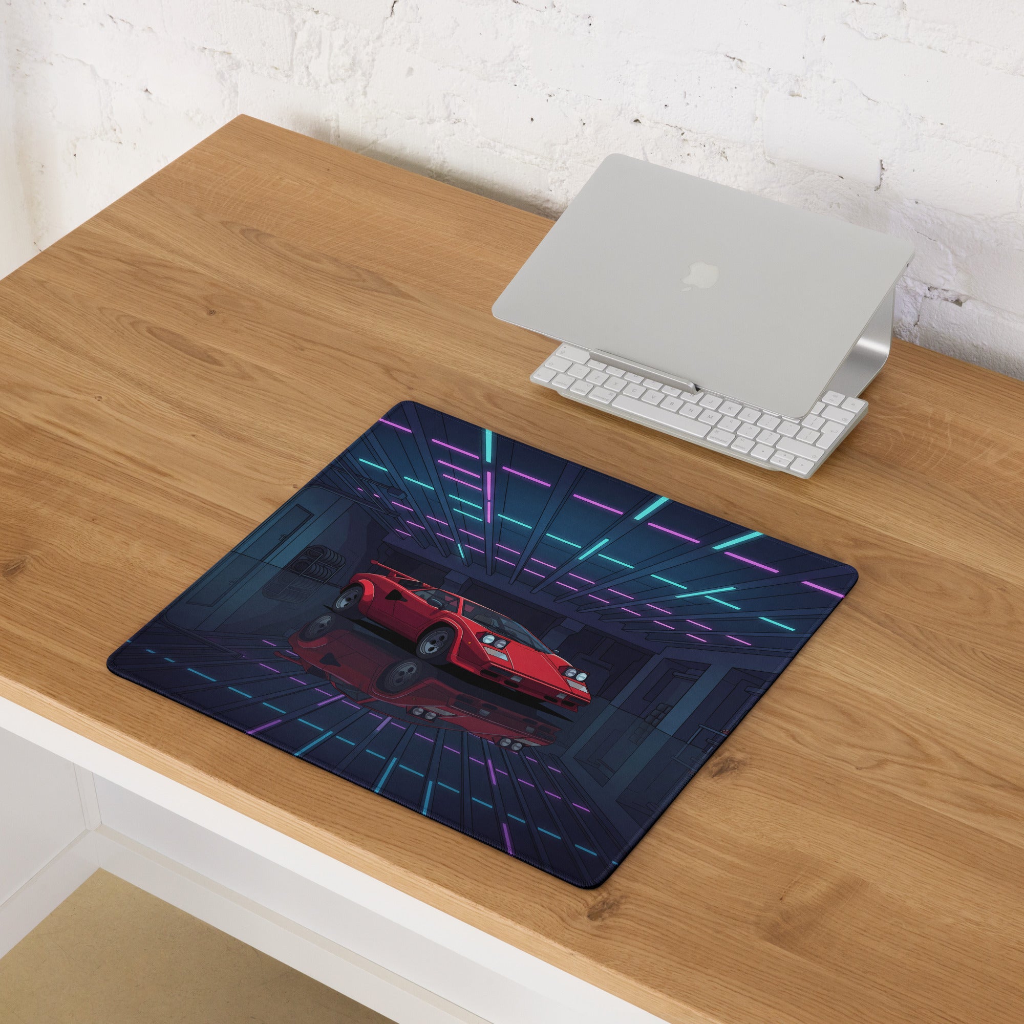 Lamborghini Countach Inspired Red Blue Vaporwave Gaming Mouse Pad, Retro Supercar Desk Mat with Neon Cyberpunk Garage Artwork