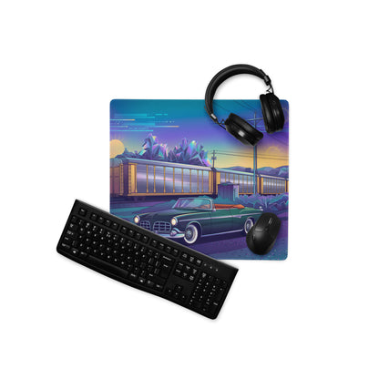 Facel Vega HK500 Inspired Green Blue Vaporwave Gaming Mouse Pad, Retro Luxury Coupe Desk Mat with Neon Mid-Century Roadside Artwork