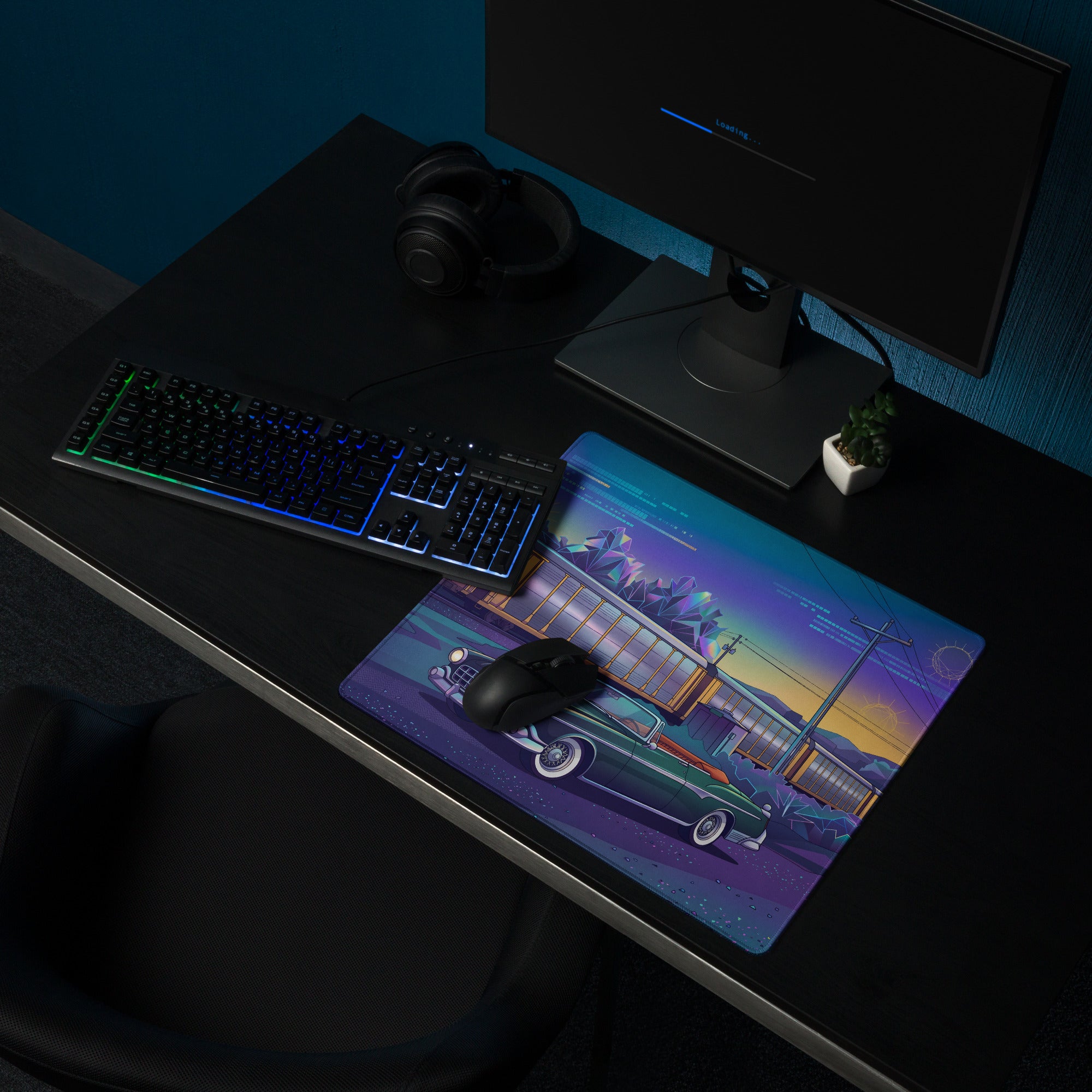 Facel Vega HK500 Inspired Green Blue Vaporwave Gaming Mouse Pad, Retro Luxury Coupe Desk Mat with Neon Mid-Century Roadside Artwork