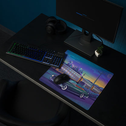 Facel Vega HK500 Inspired Green Blue Vaporwave Gaming Mouse Pad, Retro Luxury Coupe Desk Mat with Neon Mid-Century Roadside Artwork