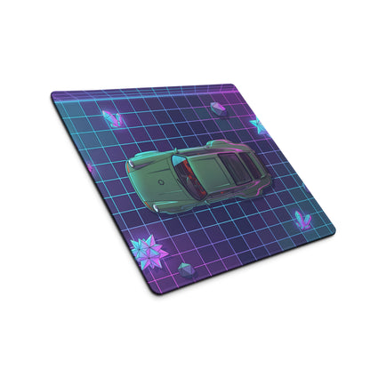 Porsche 911 Classic Inspired Green Purple Vaporwave Gaming Mouse Pad, Classic Roadster Desk Mat with Neon Grid and Crystal Artwork