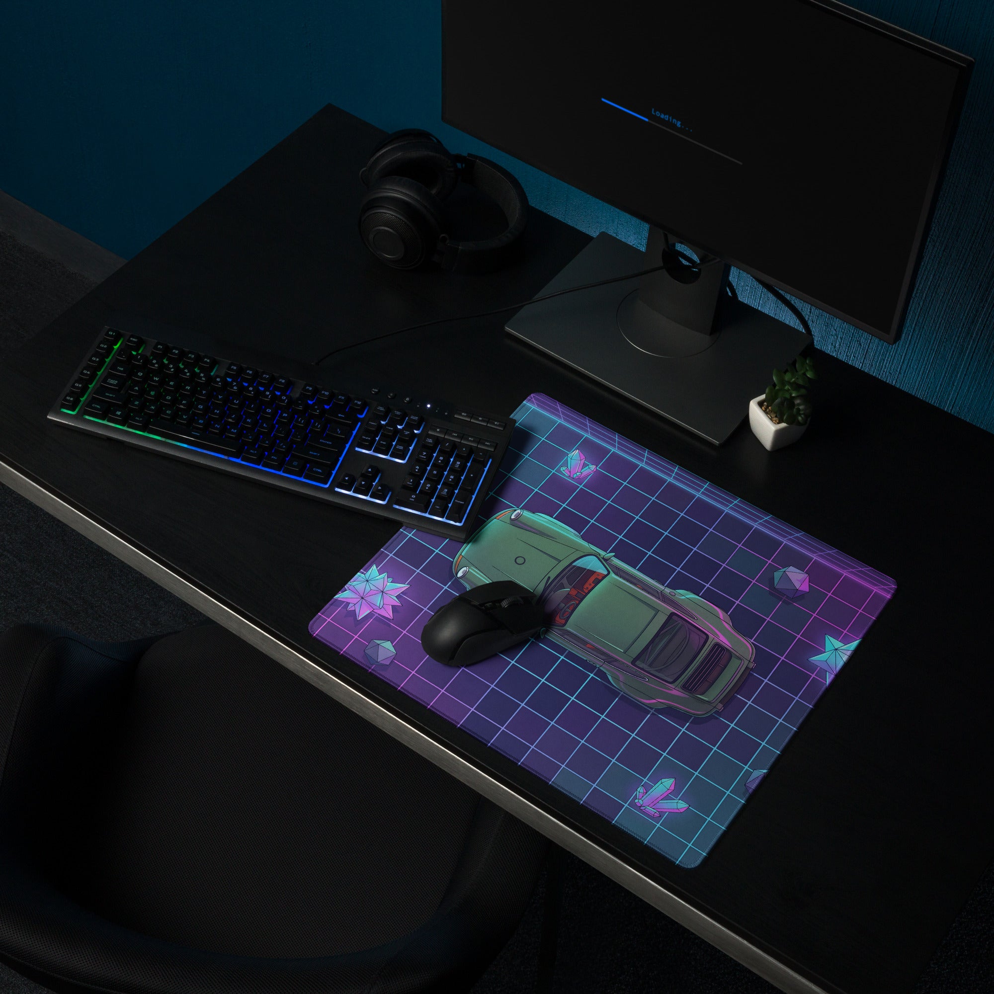 Porsche 911 Classic Inspired Green Purple Vaporwave Gaming Mouse Pad, Classic Roadster Desk Mat with Neon Grid and Crystal Artwork