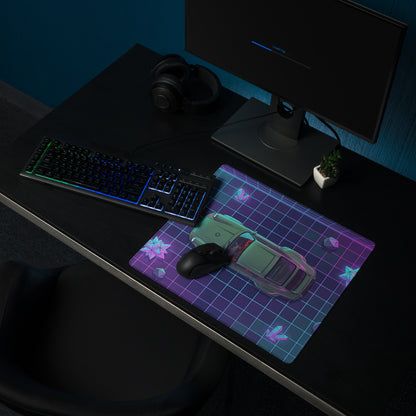 Porsche 911 Classic Inspired Green Purple Vaporwave Gaming Mouse Pad, Classic Roadster Desk Mat with Neon Grid and Crystal Artwork