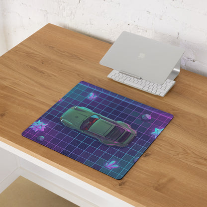 Porsche 911 Classic Inspired Green Purple Vaporwave Gaming Mouse Pad, Classic Roadster Desk Mat with Neon Grid and Crystal Artwork